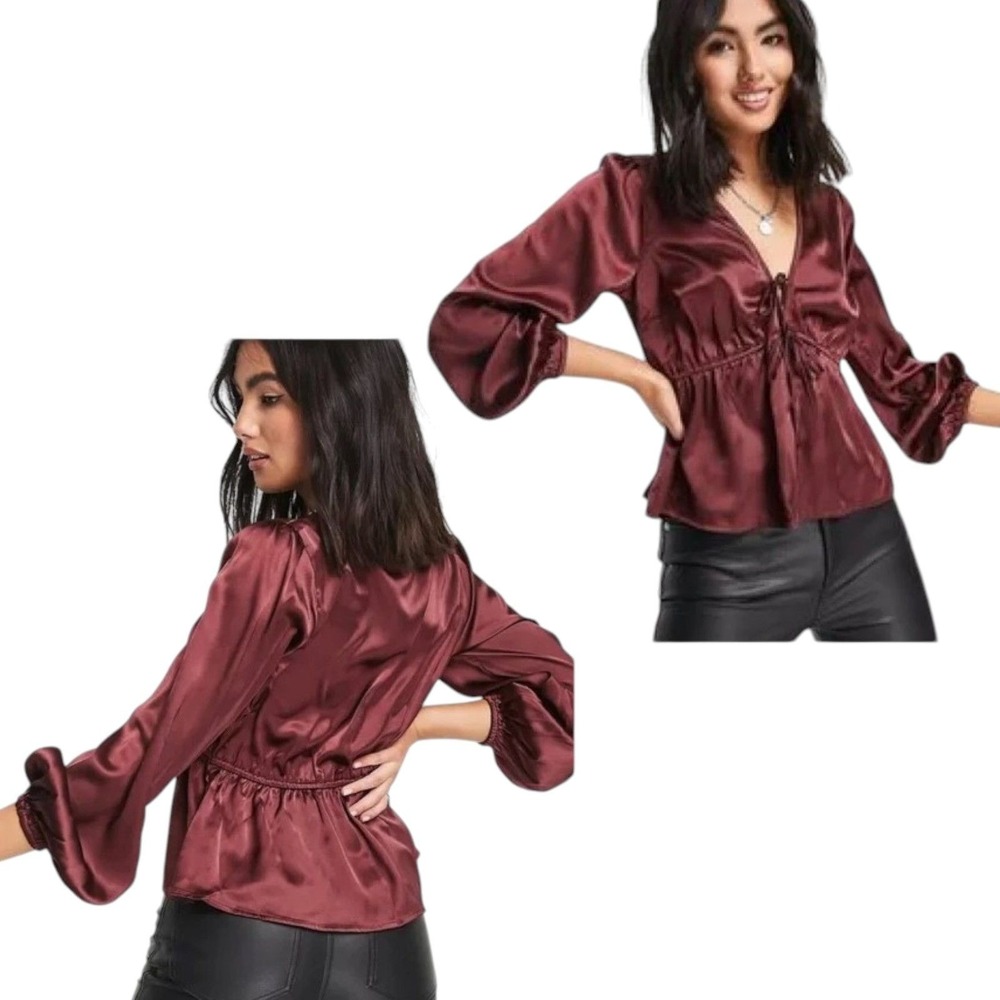 Abercrombie & Fitch Satin Tie Front Babydoll Blouse Y2K 90s Whimsygoth Wine Sz M